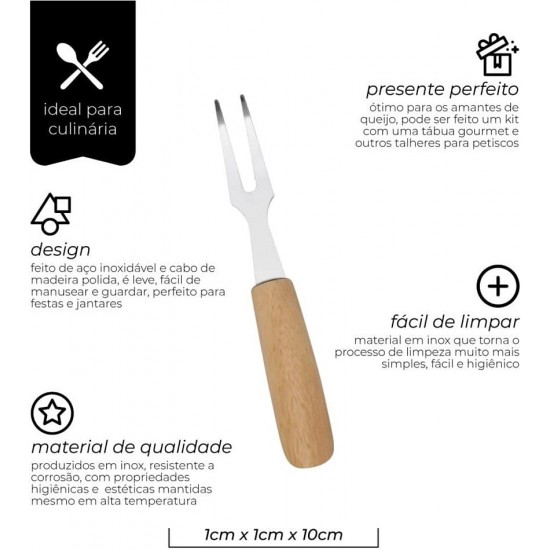 Jogo 4 Garfos 10cm Para Petisco Inox Com Cabo Madeira